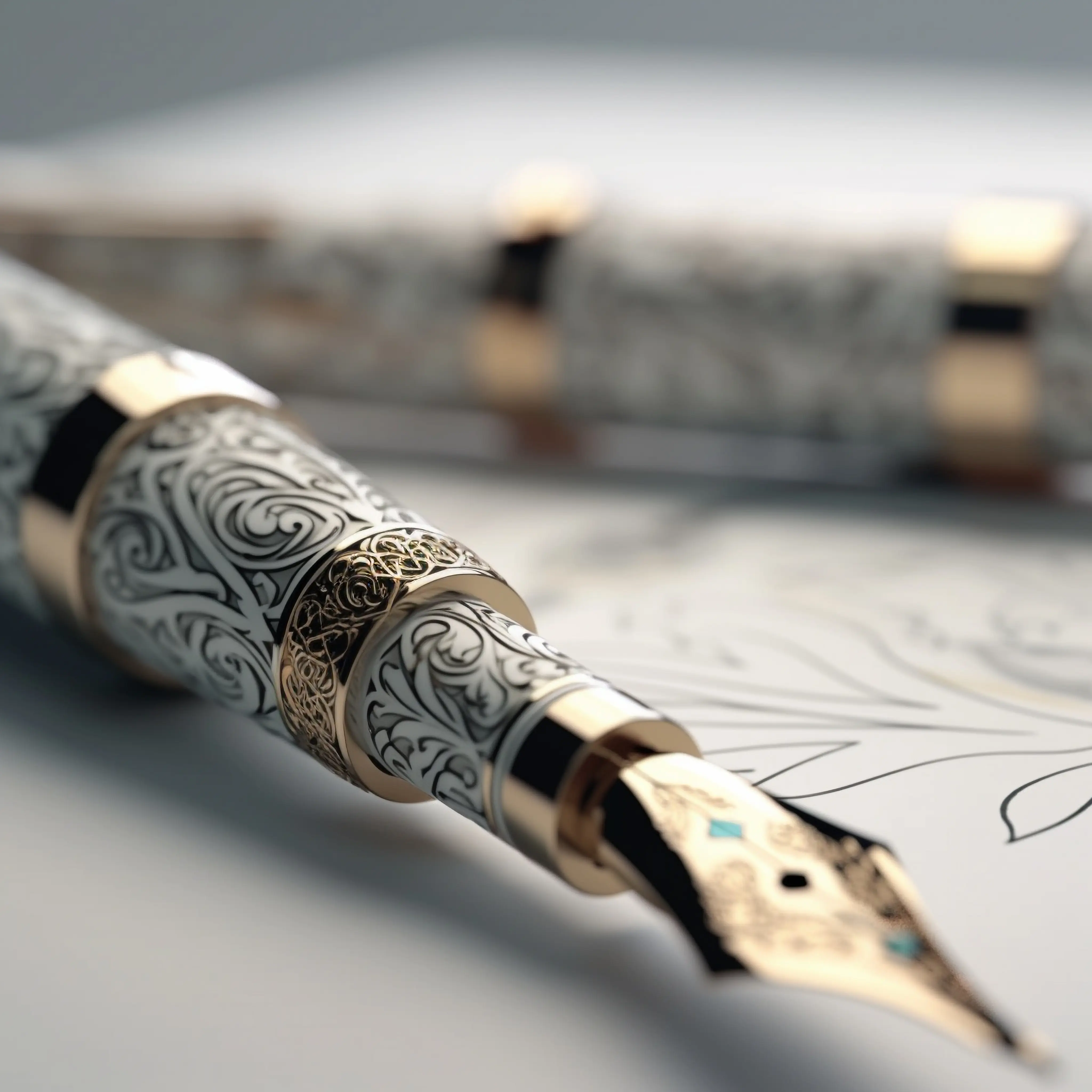 Ornate Arabic calligraphy pen representing Arabic language AI